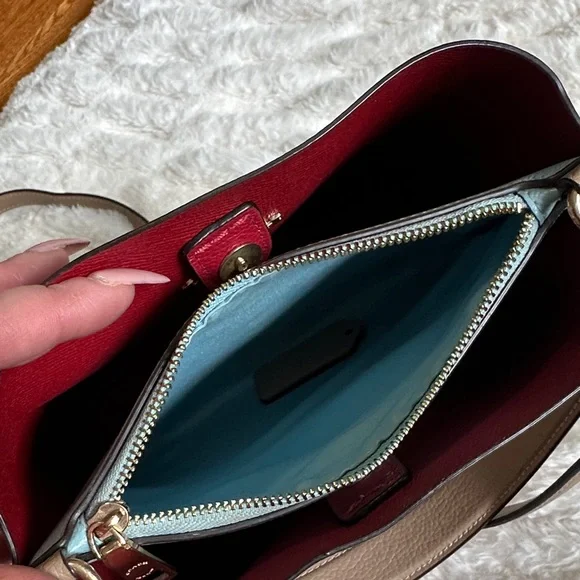 Coach Taupe Leather Crossbody Bucket Bag with Red Interior - Picture 10 of 15